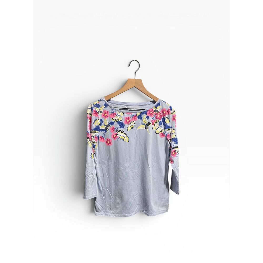 Talbots Butterfly Blouse Women’s Medium Pale Blue Floral Stretchy Top